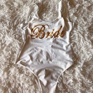 White One-Piece Swimsuit with Gold "Bride" Script